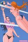  2girls arm_up ass ball bikini bikini_bottom_only black_bikini black_hair blue_eyes bracelet breasts flower hair_flower hair_ornament highres huge_breasts jewelry jumping lips long_hair multiple_girls nami_(one_piece) nico_robin one_piece open_mouth orange_hair swimsuit tattoo uukkaa volleyball volleyball_(object) volleyball_net wet 