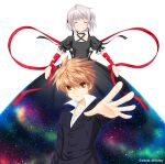 1boy 1girl a-pose arm_at_side arm_ribbon black_choker black_dress black_suit blush bow buttons choker closed_eyes closed_mouth collarbone collared_shirt commentary_request company_name criss-cross_halter dress facing_viewer frown grey_hair halterneck kagari_(rewrite) long_dress long_ribbon looking_at_viewer na-ga official_art open_hands orange_eyes orange_hair outstretched_arm outstretched_hand parted_lips puffy_short_sleeves puffy_sleeves red_bow red_ribbon rewrite ribbon second-party_source serious shirt short_hair short_sleeves simple_background space spiked_hair suit tennouji_kotarou two-tone_background upper_body v-shaped_eyebrows white_background white_shirt wrist_bow 