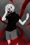  absurdres astrot_(zwd4310100) black_nails black_sclera blood bloody_clothes cuffs hand_on_own_face handcuffs highres kaneki_ken male_focus mask nail_polish red_eyes solo tokyo_ghoul torn_clothes white_hair white_skin 