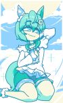  1girl animal_ears arm_behind_head boots closed_mouth cloud collar ear_covers flower frilled_jacket frills fur-trimmed_boots fur_trim green_boots green_collar green_eyes green_hair green_sailor_collar green_shorts hair_between_eyes hair_flower hair_ornament hand_on_own_chest highres horse_ears horse_girl horse_tail jacket jaggy_lines quarium sailor_collar seiun_sky_(umamusume) short_hair shorts single_ear_cover sitting sky smile solo sparkle tail umamusume white_jacket 
