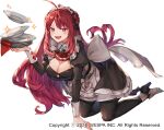  1girl ahoge apron ascot back_bow bat_wings black_dress black_pantyhose black_ribbon black_shoes bow breasts cleavage commentary double_bun dress erze_(king&#039;s_raid) fangs frilled_apron frills full_body hair_bun hair_ribbon hand_on_ground high_heels holding holding_plate hwansang_jungdog juliet_sleeves king&#039;s_raid kneeling large_breasts long_hair long_sidelocks long_sleeves maid maid_apron maid_headdress napkin official_alternate_costume official_art open_mouth pantyhose petticoat plate puffy_sleeves red_ascot red_eyes red_hair ribbon shoes short_dress sidelocks smile solo sparkle very_long_hair waist_ribbon white_apron white_ribbon white_sleeve_cuffs winged_shoes wings 