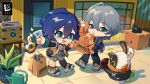  1boy 1girl ahoge artist_request bag bangboo_(zenless_zone_zero) belle_(zenless_zone_zero) black_cat black_pants black_shirt black_thighhighs blue_hair box brother_and_sister cardboard_box cat chibi crossed_bangs english_commentary green_eyes grey_hair hair_between_eyes hair_ornament highres jacket letter_hair_ornament long_sleeves official_art open_mouth pants polaroid_camera polaroid_photo shirt shopping_bag short_hair siblings single_thighhigh thighhighs wise_(zenless_zone_zero) zenless_zone_zero 