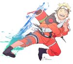  1boy ;d blonde_hair blue_eyes forehead_protector full_body highres holding holding_kunai holding_weapon jacket konohagakure_symbol kunai long_sleeves male_focus naruto_(classic) naruto_(series) ninja one_eye_closed orange_jacket orange_pants pants reverse_grip sandals scroll simple_background smile solo spiked_hair uzumaki_naruto weapon white_background zifletts 