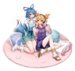  2girls 80isiiii alternate_costume aqua_skirt bare_shoulders beads belt blonde_hair blue_belt blue_eyes blue_ribbon blue_robe blue_tank_top breasts capelet carpet clothes_down collarbone commentary commission floral_print flower frills full_body gold_sandals hair_between_eyes hair_ornament hair_rings hair_stick hands_up headphones highres hood hooded_capelet jacket kaku_seiga letterman_jacket long_sleeves looking_at_another medium_breasts multicolored_jacket multiple_girls no_shoes ofuda open_clothes open_robe pillow pocket pointy_hair puffy_long_sleeves puffy_sleeves purple_jacket purple_shorts ribbon robe sandals short_hair shorts simple_background sitting skirt smile socks sun_print symbol-only_commentary tank_top teeth touhou toyosatomimi_no_miko two-tone_jacket watermark white_background white_flower white_jacket white_socks wide_sleeves yellow_eyes zipper 