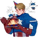  1boy artist_name birthday_cake bishie_sparkle blonde_hair blue_bodysuit blush bodysuit boots cake captain_america captain_america_(series) closed_eyes closed_mouth eating english_text food gloves hands_up hat heart helmet highres holding holding_plate holding_spoon male_focus marvel marvel_cinematic_universe multiple_views party_hat plate red_boots red_gloves rogersrival short_hair simple_background smile sparkle speech_bubble spoon star_(symbol) star_print steve_rogers striped_hat superhero_costume upper_body white_background 
