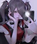  1girl absurdres aegyo_sal ame-chan_(needy_girl_overdose) black_bow black_bowtie black_hair black_skirt bow bowtie breasts cellphone closed_mouth collared_shirt commentary_request eyelashes eyeshadow grey_background grey_eyes hair_ornament hair_over_one_eye hand_on_own_chin head_rest high-waist_skirt highres holding holding_phone lips long_bangs looking_at_phone makeup mano_aaa medium_breasts nail_polish needy_girl_overdose one_eye_covered phone red_eyeshadow red_nails red_shirt shirt skirt smartphone solo suspender_skirt suspenders twintails x_hair_ornament 