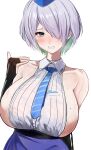  1girl absurdres backless_shirt bare_shoulders blue_eyes blue_hat blue_necktie blush breasts brid_(nikke) bridal_gauntlets colored_inner_hair commentary_request garrison_cap goddess_of_victory:_nikke grey_hair hair_over_one_eye hat high-waist_skirt highres huge_breasts kopepan_(kopepann11) long_skirt mole mole_on_breast multicolored_hair necktie parted_lips sideboob sideless_shirt simple_background skirt solo striped_necktie sweat very_sweaty white_background 
