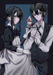  1boy 1girl ado_(utaite) black_dress black_hair black_pants black_ribbon black_vest blue_eyes blue_hair braid butler chando_(ado) commentary crown_braid dress dress_shirt dual_persona food genderswap gloves hair_between_eyes highres holding holding_tray juliet_sleeves long_sleeves looking_at_viewer maid mole mole_under_eye neck_ribbon oyashirazu_(adochan_daisuki) pants parfait puffy_sleeves ribbon shirt short_hair short_hair_with_long_locks skirt_hold tray utaite vest white_gloves white_shirt 
