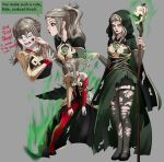  2girls alternate_costume black_lips cheek_pinching circle demdeet fire_emblem fire_emblem_heroes grey_hair highres hood hooded_jacket jacket letizia_(fire_emblem) lipstick long_hair makeup multiple_girls multiple_views necromancer pinching ponytail red_eyes short_hair short_hair_with_long_locks stitched_face stitches thighhighs torn_clothes torn_thighhighs veronica_(fire_emblem) 