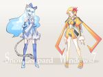  2girls 7-tan animal_ears aqua_eyes blonde_hair blue_eyes blue_gloves blue_hair blue_leotard blue_thighhighs bodysuit breasts cleavage commentary_request full_body gloves grey_background juliet_sleeves leotard long_hair long_sleeves low_twintails multiple_girls original os-tan personification puffy_sleeves sato_(esuplusesu) simple_background snow_leopard-tan snow_leopard_ears snow_leopard_girl snow_leopard_tail thighhighs twintails yellow_bodysuit 