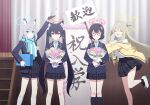  4girls :o animal_ear_fluff animal_ears ayane_(blue_archive) black_gloves black_hair black_shoes black_skirt blonde_hair blue_archive blue_eyes blue_halo blue_jacket blue_necktie blue_scarf bouquet box cat_ears cat_girl closed_eyes closed_mouth flower gloves green_halo grey_hair hair_between_eyes hair_bun hair_flower hair_ornament halo highres holding holding_bouquet holding_box id_card jacket kneehighs long_hair multiple_girls necktie non-web_source nonomi_(blue_archive) official_art open_mouth pink_flower plaid_clothes plaid_skirt red-framed_eyewear red_eyes red_halo scarf serika_(blue_archive) shiroko_(blue_archive) shirt shoes short_hair sidelocks single_glove single_side_bun skirt smile socks standing standing_on_one_leg twintails white_flower white_shirt white_shoes white_socks wolf_ears wolf_girl yellow_jacket 