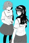  2boys alternate_hairstyle black_pantyhose blush bob_cut chest_bow chuo_tanegashima_high_school_uniform crossdressing crossdressing_(mtf) embarrassed expressionless from_behind hidaka_subaru holding holding_tablet_pc ikuhashi_muiko long_hair looking_back multiple_boys nervous_sweating pantyhose pleated_skirt robotics;notes sailor_collar school_uniform serafuku shirt short_hair short_sleeves skirt standing sweat tablet_pc wavy_mouth white_shirt yashio_kaito 