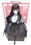  1girl absurdres black_hair black_halo black_jacket black_pantyhose black_shoes black_skirt blue_archive breasts bright_pupils commentary english_text full_body gun hair_ornament hairclip halo hand_on_own_hip handgun highres holding holding_tablet_pc holster holstered id_card jacket kurosaki_saya large_breasts long_hair long_sleeves looking_at_viewer miniskirt mixed-language_commentary multilingual_commentary pantyhose parted_lips perspective pleated_skirt pouch red_eyes revision ribbed_sweater ringed_eyes rio_(blue_archive) shoes skirt solo standing suit_jacket sweater tablet_pc thigh_holster thigh_strap turtleneck turtleneck_sweater very_long_hair weapon white_pupils white_sweater 