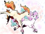  blue_eyes brown_eyes bwmtk1110 commentary eye_contact fire galarian_ponyta hashtag-only_commentary highres horns horse looking_at_another no_humans pokemon pokemon_(creature) pokemon_focus ponyta regional_and_normal single_horn water_drop 