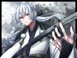  1boy black_border black_bow black_bridal_gauntlets black_nails blue_eyes border bow bridal_gauntlets bright_pupils clothing_request commentary_request dragon_quest dragon_quest_x earrings floating_hair grey_background hair_bow hero_(dq10) highres holding holding_sword holding_weapon japanese_clothes jewelry katana kuro11_222 looking_down low_ponytail male_focus ponytail solo stud_earrings sword upper_body weapon white_hair white_pupils wide_sleeves 