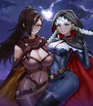  2girls ahoge black_gloves blue_bodysuit blue_eyes blue_mask bodysuit braid breasts brown_hair cape cleavage cloud cloudy_sky commission commissioner_upload crystal_earrings earrings fire_emblem fire_emblem_fates fire_emblem_heroes full_moon gloves hair_over_one_eye harness highres hood hood_up hooded_cape jewelry kagero_(fire_emblem) kagero_(thief)_(fire_emblem) keyring ko-fi_commission large_breasts leather_belt long_hair low_twin_braids medium_breasts moon multiple_girls night night_sky nina_(fire_emblem) nina_(thief)_(fire_emblem) non-web_source novasvr o-ring o-ring_harness official_alternate_costume parted_bangs phantom_thief ponytail skin_tight sky thief turtleneck twin_braids two-tone_bodysuit two-tone_cape white_hair yellow_cape 
