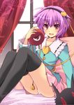  cross_(crossryou) komeiji_satori panties pantyshot pantyshot_(sitting) purple_hair red_eyes short_hair sitting solo thighhighs third_eye touhou underwear 