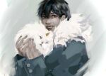  1boy 1other :d animal biyoo_(omniscient_reader&#039;s_viewpoint) black_eyes black_hair coat dokkaebi double-parted_bangs fur_collar grin hair_between_eyes holding holding_animal kim_dokja looking_at_viewer macaronijail omniscient_reader&#039;s_viewpoint short_hair smile snowing upper_body white_background winter_clothes winter_coat 