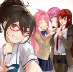  4girls absurdres angry antenna_hair belt black_pantyhose black_shorts blazer blue_bow blush bow bowtie bread bread_slice breasts brown_eyes brown_hair brown_jacket chaos;child chaos;head chest_bow chuo_tanegashima_high_school_uniform closed_eyes collared_shirt dress ears_visible_through_hair food food_in_mouth glasses grin hair_between_eyes hair_bow hekiho_academy hekiho_academy_school_uniform highres hug in-franchise_crossover jacket lapels long_hair long_sleeves looking_at_viewer makise_kurisu miniskirt mouth_hold multiple_girls necktie notched_lapels onoe_serika open_mouth pantyhose pantyhose_under_shorts parted_lips pink_eyes pink_hair plaid_bow plaid_bowtie plaid_clothes plaid_skirt pleated_skirt purple_eyes red-framed_eyewear red_hair red_necktie red_trim ribbon robotics;notes sailor_collar sakihata_rimi school_uniform selfie senomiya_akiho serafuku shibuya_(tokyo) shirt short_hair short_hair_with_long_locks short_sleeves shorts sidelocks skirt smile steins;gate suimei_academy suimei_school_uniform teeth toast toast_in_mouth tokyo_(city) tongue upper_teeth_only white_petticoat white_shirt yotsutsu428 