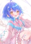  absurdres ahoge amamiya_kokoro angel_wings bandages blue_hair blush braid commentary fang hair_between_eyes hair_ornament happy heart heart_hair_ornament highres looking_at_viewer matcha_november nijisanji open_mouth sidelocks simple_background skin_fang virtual_youtuber wings x_hair_ornament yellow_eyes 
