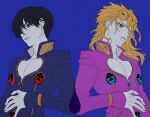  1boy alternate_hairstyle black_hair blonde_hair blue_jacket blurry blurry_background cleavage_cutout clothing_cutout dual_persona earrings giorno_giovanna green_eyes hair_down hair_over_one_eye haruno_shiobana high_collar highres jacket jewelry jojo_no_kimyou_na_bouken komiya_harumoto ladybug_ornament long_hair male_focus pectoral_cleavage pectorals pink_jacket stud_earrings time_paradox vento_aureo wing_ornament 