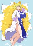  1girl animal_ears arm_behind_head barefoot blonde_hair blue_background blue_tabard bonobo_(odenokaz) breasts clothes_lift collar commentary_request crossed_bangs dot_nose dress dress_lift fox_ears fox_girl fox_tail glint highres large_breasts light_blush long_sleeves looking_at_viewer multiple_tails no_headwear no_panties parted_lips purple_collar purple_wrist_cuffs short_hair simple_background smile splashing squinting tabard tail touhou water white_dress wrist_cuffs yakumo_ran 