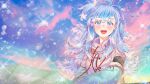  1girl blue_eyes blue_hair highres hololive hololive_indonesia kobo_kanaeru light_blush long_hair multicolored_eyes multicolored_hair open_mouth smile solo solo_focus twitter_username virtual_youtuber water_drop white_hair zoru_pines 