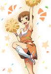  ;d arm_up armpits bike_shorts brown_eyes brown_hair cheerleader commentary_request confetti eyelashes kurosususu loose_socks one_eye_closed open_mouth persona persona_4 persona_4:_dancing_all_night persona_dancing pom_poms satonaka_chie shoes short_hair shorts shorts_under_skirt skirt smile sneakers socks solo standing standing_on_one_leg wristband 