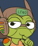  2016 amphibian anthro digital_media_(artwork) dt-b eyelashes felino female frog hat headphones machine mammal reaction_image robot simple_background smile solo 