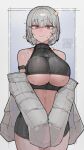  1girl azz0422 bare_shoulders blush breasts closed_mouth commentary commission embarrassed grey_background grey_hair highres large_breasts navel original purple_eyes qr_code short_hair short_shorts shorts signature sleeveless sleeveless_sweater solo solo_focus sparkle star_(symbol) sweat sweater underboob watermark 