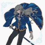  1boy argalia_(project_moon) ascot black_pants blue_cape blue_eyes blue_jacket cape closed_mouth divewet3 gloves gold_trim highres holding holding_weapon jacket library_of_ruina long_hair long_sleeves looking_at_viewer male_focus pants project_moon simple_background smile solo standing upper_body very_long_hair weapon white_ascot white_background white_gloves white_hair 