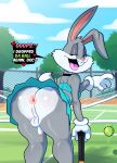 anthro anus ball bent_over big_butt buckteeth bugs_bunny butt clothed clothing crop_top crossdressing english_text genitals hi_res lagomorph leporid looney_tunes male mammal no_underwear open_mouth open_smile penis rabbit shirt smile solo somescrub teeth tennis_ball tennis_court text topwear upskirt warner_brothers