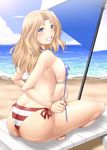  american_flag_bikini ass ayato barefoot beach bikini blonde_hair blue_eyes blue_sky blush breasts cloud day flag_print girls_und_panzer grin highres kay_(girls_und_panzer) large_breasts long_hair looking_at_viewer md5_mismatch outdoors sitting sky smile solo swimsuit toes umbrella undressing water 