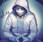  1boy bags_under_eyes blue_hair blue_theme creepypasta evil_grin evil_smile grin highres hood hood_up hoodie icekana jeff_the_killer looking_at_viewer male_focus medium_hair partially_shaded_face smile solo spotlight steepled_fingers teeth upper_body white_hoodie wide-eyed 