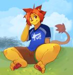2025 4_toes anthro biped blue_clothing blue_shirt blue_topwear bottomwear brown_bottomwear brown_clothing brown_shorts claws closed_smile clothed clothed_anthro clothed_male clothing cloud digital_media_(artwork) eyebrows fangs feet felid fur grass green_clothing green_underwear hair hand_on_face hi_res lion looking_at_viewer male male_anthro mammal morenatsu mouth_closed on_grass orange_eyebrows orange_eyes orange_hair orange_nose outside pantherine pawpads plant print_clothing print_shirt print_topwear red_pawpads shirt shorts sitting smile smite_(artist) solo soutarou_(morenatsu) tail tail_tuft teeth toe_claws toes topwear tree tuft underwear whiskers yellow_body yellow_fur yellow_tail