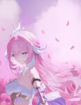  1girl administrationok5043 breasts commentary corset diamond-shaped_pupils diamond_(shape) elysia_(herrscher_of_human:_ego)_(honkai_impact) elysia_(honkai_impact) english_commentary falling_petals field flower flower_field hair_ornament highres honkai_(series) honkai_impact_3rd large_breasts long_hair multicolored_hair petals pink_flower pink_hair pink_tulip purple_eyes purple_sky sky smile solo symbol-shaped_pupils tulip two-tone_hair upper_body very_long_hair white_corset white_hair 