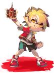  1boy alternate_species amanogawa_ryuusei aqua_shorts arm_up artist_name belt belt_buckle black_hair blonde_hair brown_belt buckle child clenched_hand collared_jacket commentary_request full_body grin hercules_beetle highres holding holding_toy inkling jacket jinzou_konchuu_kabutoborg_vxv kuroda_(kuro_yyy) legs_apart looking_up male_focus open_clothes open_jacket paint pointy_ears red_jacket red_shoes shirt shoes short_hair shorts signature simple_background smile sneakers solo splatoon_(series) standing tomcat_red_beetle_(kabutoborg) toy toy_car white_background white_shirt 