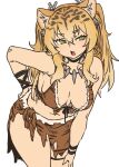  1girl animal_ear_fluff animal_ears animal_print bikini black_choker blonde_hair bone bone_hair_ornament bracelet breasts brown_bikini cavewoman choker cowboy_shot fang fingernails flat_color fur-trimmed_bikini fur_trim furrowed_brow gradient_hair hair_ornament hand_on_own_hip hand_on_own_thigh highres houtengeki jewelry leaning_forward loincloth long_fingernails long_hair looking_to_the_side medium_breasts multicolored_hair necklace open_mouth original pelt print_loincloth short_eyebrows sidelocks sideways_glance simple_background skin_fang solo striped_hair swimsuit tail tiger_ears tiger_girl tiger_girl_(houtengeki) tiger_pelt tiger_print tiger_stripes tiger_tail tooth_necklace tribal twintails white_background wristband yellow_eyes 