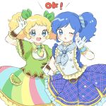  2girls :d :o aikatsu! aikatsu!_(series) arm_up blonde_hair blue_eyes blue_hair blue_neckerchief blue_necktie blue_scrunchie blue_shirt blue_skirt blush_stickers bow cha_(ntrikti) frilled_shirt frilled_skirt frilled_sleeves frills gloves green_bow green_necktie green_shirt green_skirt hair_bow hair_ornament hair_scrunchie hand_on_own_hip hand_up highres idol idol_clothes kiriya_aoi looking_at_viewer medium_hair multicolored_necktie multicolored_skirt multiple_girls neckerchief necktie ok_sign pink_necktie pink_skirt plaid_clothes plaid_neckerchief plaid_scrunchie plaid_skirt saegusa_kii scrunchie shirt short_sleeves side_ponytail sidelocks simple_background skirt sleeveless sleeveless_shirt smile standing striped_clothes striped_necktie striped_skirt teeth twintails upper_teeth_only white_background white_gloves yellow_necktie yellow_skirt 
