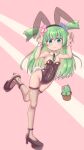  1girl absurdres animal_ear_hairband animal_ears black_boots blue_eyes boots breasts closed_mouth dress emil_chronicle_online fake_animal_ears fishnet_pantyhose fishnets flower green_hair hair_flower hair_ornament hairband highres long_hair looking_at_viewer medium_breasts pantyhose pet playboy_bunny rabbit_ear_hairband rabbit_ears rabbit_tail rna0 shabotan_alma simple_background standing standing_on_one_leg tail two_side_up 