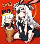  1girl 2023 angel angel_wings animal_ears animal_hands blue_hair chibi chinese_zodiac dated english_commentary eyepatch fake_animal_ears fake_tail feathered_wings food gloves halo halo_behind_head head_wings highres kneeling long_hair mochi mochitsuki mortar_(bowl) multiple_wings new_year orange_eyes original paw_gloves paw_shoes playboy_bunny rabbit_ears rabbit_tail red_background satanmanse tail white_hair white_wings wings year_of_the_rabbit 
