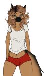 anthro black_nose bottomwear breasts brown_eyes canid canine canis clothed clothing domestic_dog female fur hair husky mammal navel nipple_outline nordic_sled_dog pi9o shirt shorts simple_background small_breasts solo spitz standing tail tan_body tan_fur tan_hair topwear white_background