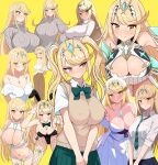  1girl absurdres alternate_costume alternate_hairstyle animal_ears bare_shoulders black_leotard black_skirt blonde_hair blush bra breasts chest_jewel cleavage cleavage_cutout clothing_cutout commentary core_crystal_(xenoblade) covered_nipples dress earrings fake_animal_ears fishnet_pantyhose fishnets grey_sweater highleg highleg_leotard highres jewelry leotard long_hair mixed-language_commentary multiple_views mythra_(xenoblade) off-shoulder_dress off_shoulder pantyhose playboy_bunny pleated_skirt rabbit_ears shirt simple_background skirt star_(symbol) star_earrings strapless strapless_dress sweater tiara twintails underwear white_bra white_dress white_shirt white_sweater xenoblade_chronicles_(series) xenoblade_chronicles_2 yellow_background yellow_eyes yoshikirino 