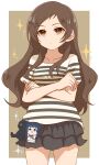  1girl absurdres akarei_(red_spooky) black_skirt border brown_background brown_eyes brown_hair character_doll closed_mouth cowboy_shot crossed_arms doll frilled_skirt frills highres idolmaster idolmaster_million_live! kitazawa_shiho long_hair miniskirt mogami_shizuka outside_border shirt short_sleeves simple_background skirt solo sparkle standing striped_clothes striped_shirt stuffed_animal stuffed_cat stuffed_toy white_border 