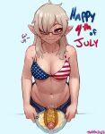  1girl american_flag american_flag_bikini american_flag_print bare_arms bikini blurry blurry_background breasts brown_hair closed_mouth erection female_pubic_hair flag_print flag_print_bikini fourth_of_july futanari glasses highres hot_dog long_hair looking_at_viewer medium_breasts mustard navel original penis pointy_ears precum print_bikini pubic_hair purple_eyes semi-rimless_eyewear seraziel smile solo swimsuit uncensored under-rim_eyewear 