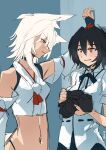  1boy 1girl absurdres against_wall animal_ear_fluff animal_ears arm_up belt black_belt black_collar black_gauntlets black_hair black_ribbon black_skirt blush bridal_gauntlets camera collar commentary_request crop_top detached_sleeves flustered genderswap genderswap_(ftm) grin hair_between_eyes hand_on_wall hat highres holding holding_camera inubashiri_momiji kakaricho_dairi long_sleeves looking_at_another looking_down messy_hair midriff navel neck_ribbon no_headwear open_mouth orange_eyes puffy_short_sleeves puffy_sleeves red_eyes red_hat red_ribbon ribbon ribbon-trimmed_sleeves ribbon_trim shameimaru_aya shirt short_hair short_sleeves skirt smile sweatdrop tokin_hat touhou upper_body white_hair white_shirt wolf_boy wolf_ears 