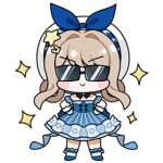  1girl ankle_socks artist_request back_bow bare_shoulders beads beret blonde_hair blue_bow blue_bowtie blue_dress blue_shoes blue_sleeves blue_wrist_cuffs blush_stickers bow bowtie brooch bubbly_voyage_(infinity_nikki) buttons chibi closed_mouth collared_dress detached_sleeves dress frilled_dress frilled_sleeves frilled_socks frilled_wrist_cuffs frills furrowed_brow glasses hair_intakes hair_ornament hair_rings hairclip hands_on_own_hips happy hat hat_bow infinity_nikki jewelry lowres mary_janes nikki_(series) official_art opaque_glasses rabbit_hair_ornament shoes short_dress short_hair_with_long_locks sidelocks smile socks solo sparkle standing star_(symbol) star_hair_ornament straight-on strapless strapless_dress striped_clothes striped_dress sunglasses swept_bangs transparent_background vertical-striped_clothes vertical-striped_dress white_hat white_socks wrist_cuffs 