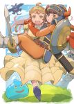  1boy 1girl absurdres blonde_hair blue_helmet brown_eyes brown_hair carrying dracky dragon_quest dragon_quest_i dress golem_(dragon_quest) helmet hero_(dq1) highres holding holding_sword holding_weapon k_katora open_mouth orange_pants outdoors pants princess_carry princess_laura shield slime_(dragon_quest) sword tiara weapon yellow_dress 