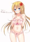  bikini blonde_hair blue_eyes blush breasts ciel_nosurge cleavage flower frilled_bikini frills hair_flower hair_ornament hibiscus highres ionasal_kkll_preciel long_hair looking_at_viewer medium_breasts navel nikitan_(niki) pink_bikini pout shiny shiny_skin solo surge_concerto swimsuit 