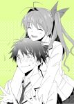  1girl antenna_hair blazer blush bow bowtie brown_jacket chaos;head from_behind hair_bow happy hug hug_from_behind ikuhashi_muiko jacket lapels long_hair long_sleeves loose_necktie necktie nervous_sweating nishijou_takumi nose_blush notched_lapels open_collar open_mouth pink_hair plaid_bow plaid_bowtie plaid_clothes plaid_necktie red_bow ribbon sakihata_rimi school_emblem school_uniform shirt short_hair skirt smile spiked_hair suimei_academy suimei_school_uniform surprised sweat 